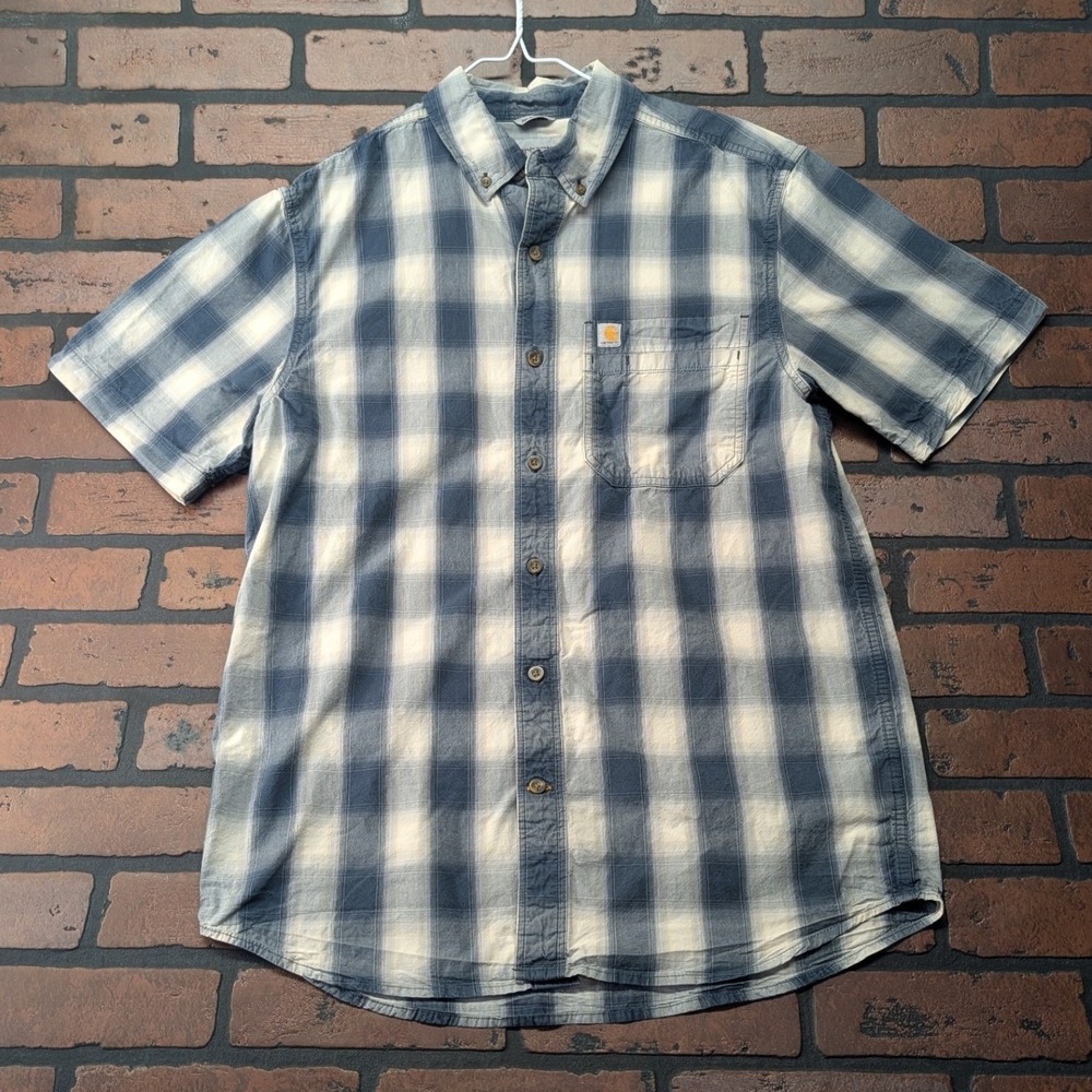 Carhartt Men's M Blue White Check Plaid Button Down Shirt Double Pocket